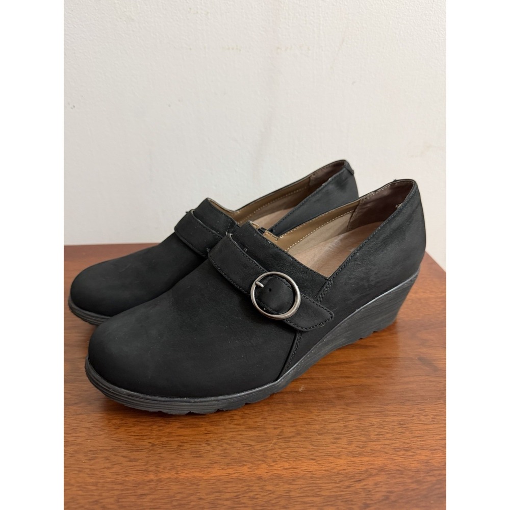 Dansko Women's Black Suede Clio Wedges Size 41 US 10.5 Shoes Slip On Buckle Heel